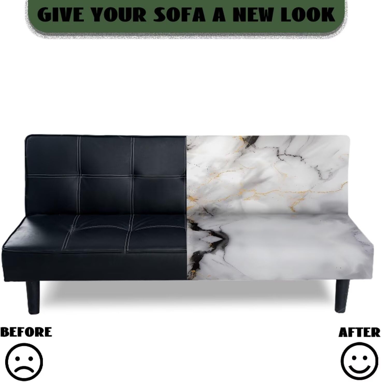 Marble Print Gray White Stretch Armless Futon Cover Futon Slipcover Anti Slip Sofa Bed Cover Furniture Protector with Elastic Bottom, Machine Washable