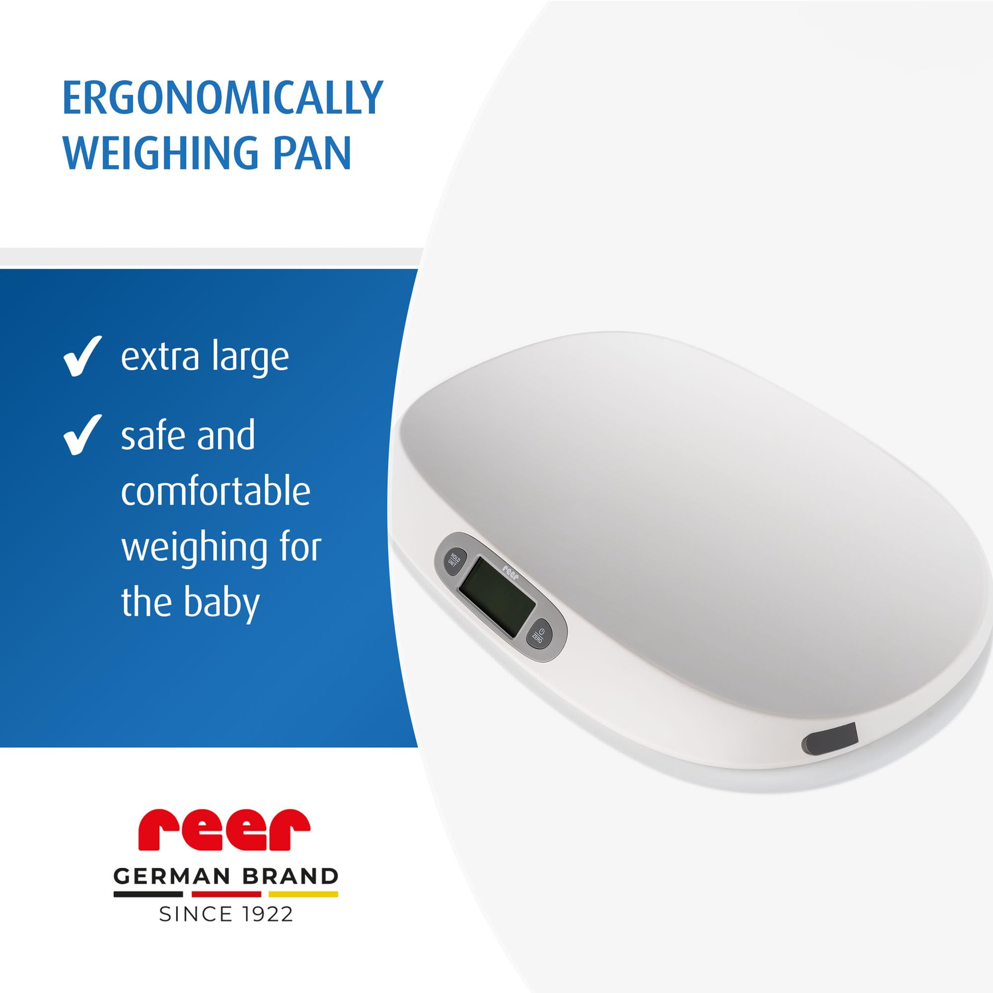 reer BabyCare - Báscula ergonómica para recién nacidos/bebés, peso máximo de 25 kg, cinta métrica integrada, función Hold y tarier, pantalla LCD iluminada, precisión de 5 g