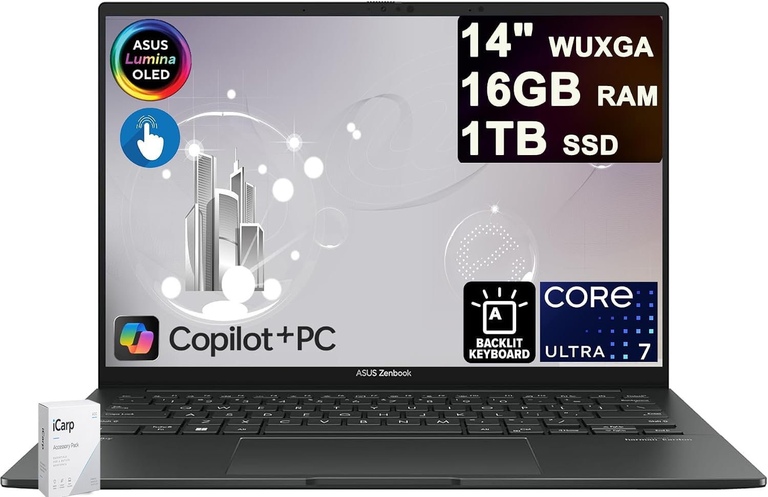 ASUS Zenbook 14 Laptop 14" WUXGA OLED Touch (500nits HDR, 100% DCI-P3) Intel 16-core Ultra 7 255H (Beats Ultra 9 185H) 16GB RAM 1TB SSD for Designer Business Professional Win11 ICP Acc