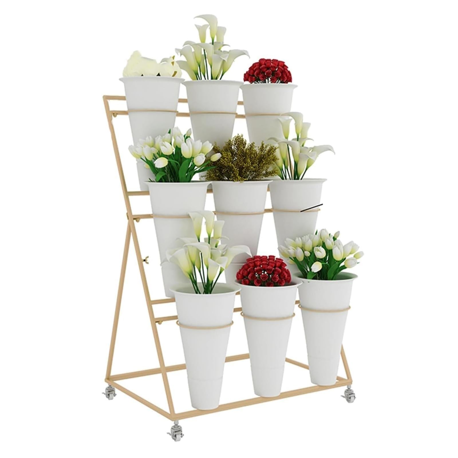 YUANCHUTOP Heavy Duty Metal Flower Display Stand with 9 Buckets, 3-Tier Rolling Plant Cart for Weddings, Indoor Flower Shops & Floral Events - White Color