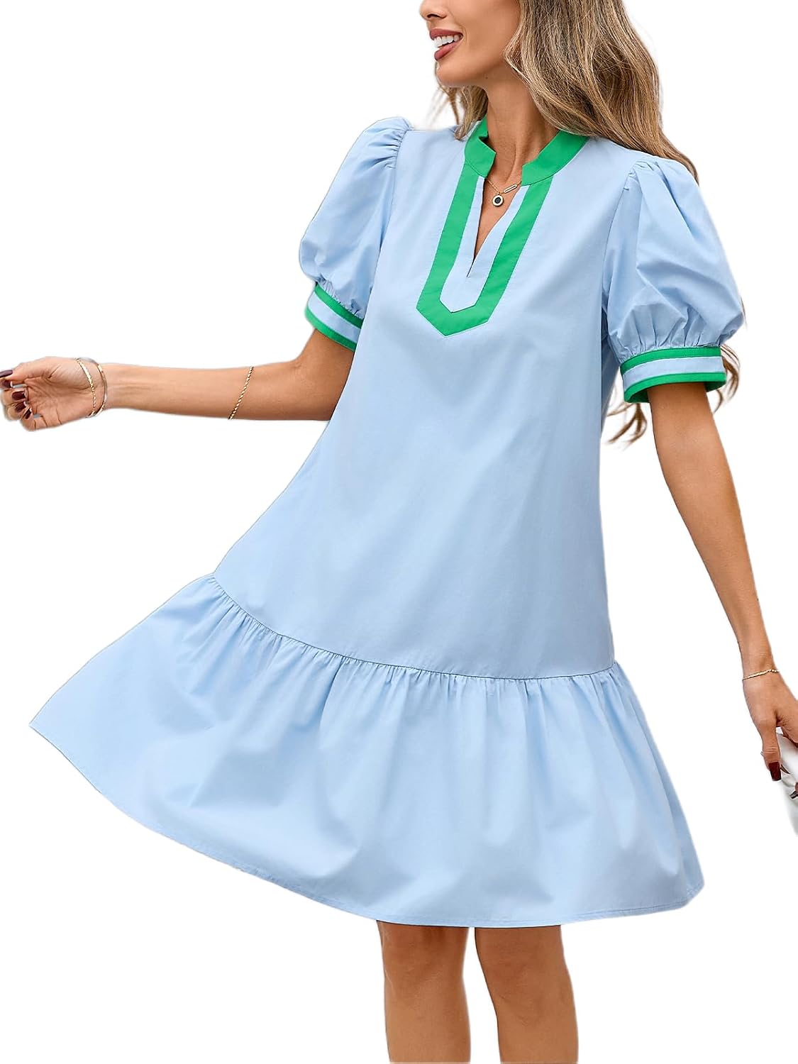 LifeShe Summer Short Puff Sleeve Dress for Women Loose Color Block V Neck Mini Beach Dresses with Pockets