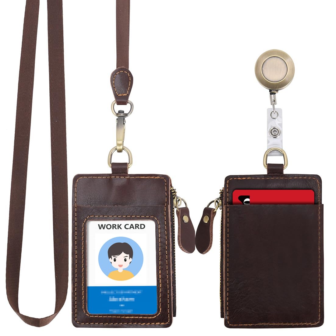 Wonderpool Leather ID Badge Holder with Zipper Wallet Pouch - Card Slots Case Detachable Neck Lanyard and Retractable Badge Reel for Office School