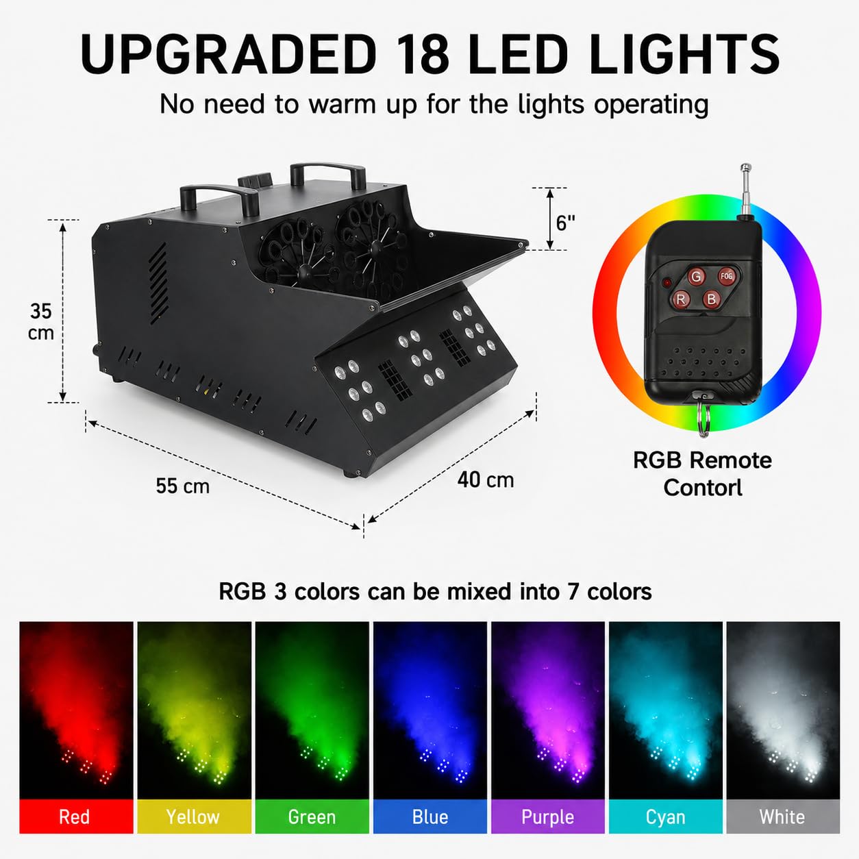 Nebelrauchmaschine mit RGB-LED-Lichtern, Bubble Fans für Bühneneffekte, Partys, Hochzeiten, Halloween - Bühnennebel mit 18 LED-Lichtern und 2 Seifenblasenventilatoren