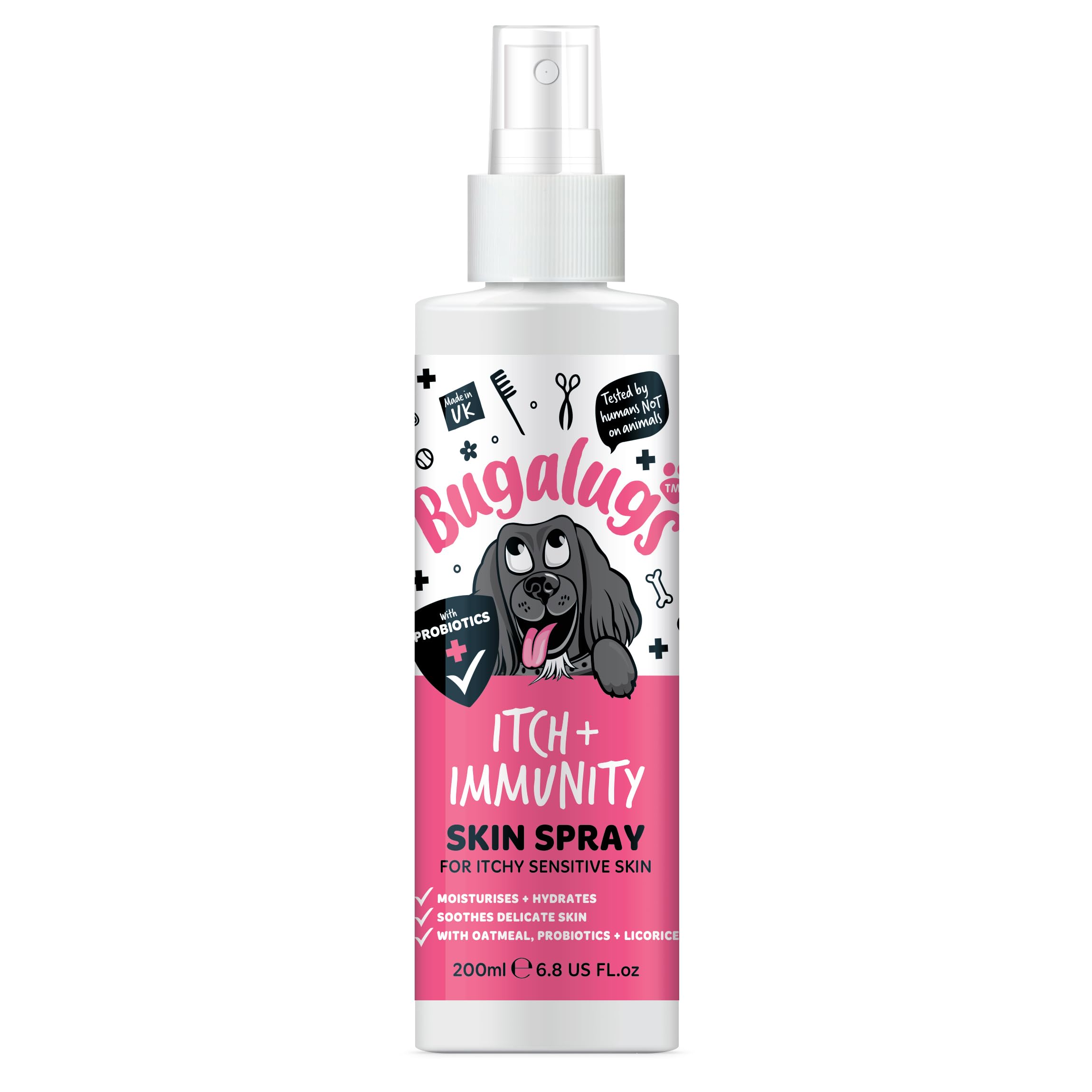 Bugalugs Itch & Immunity Dog Soothing Sensitive Skin Spray - Professional Pet Grooming for Smelly Puppies and dogs with Probiotics (Spray 200ml)