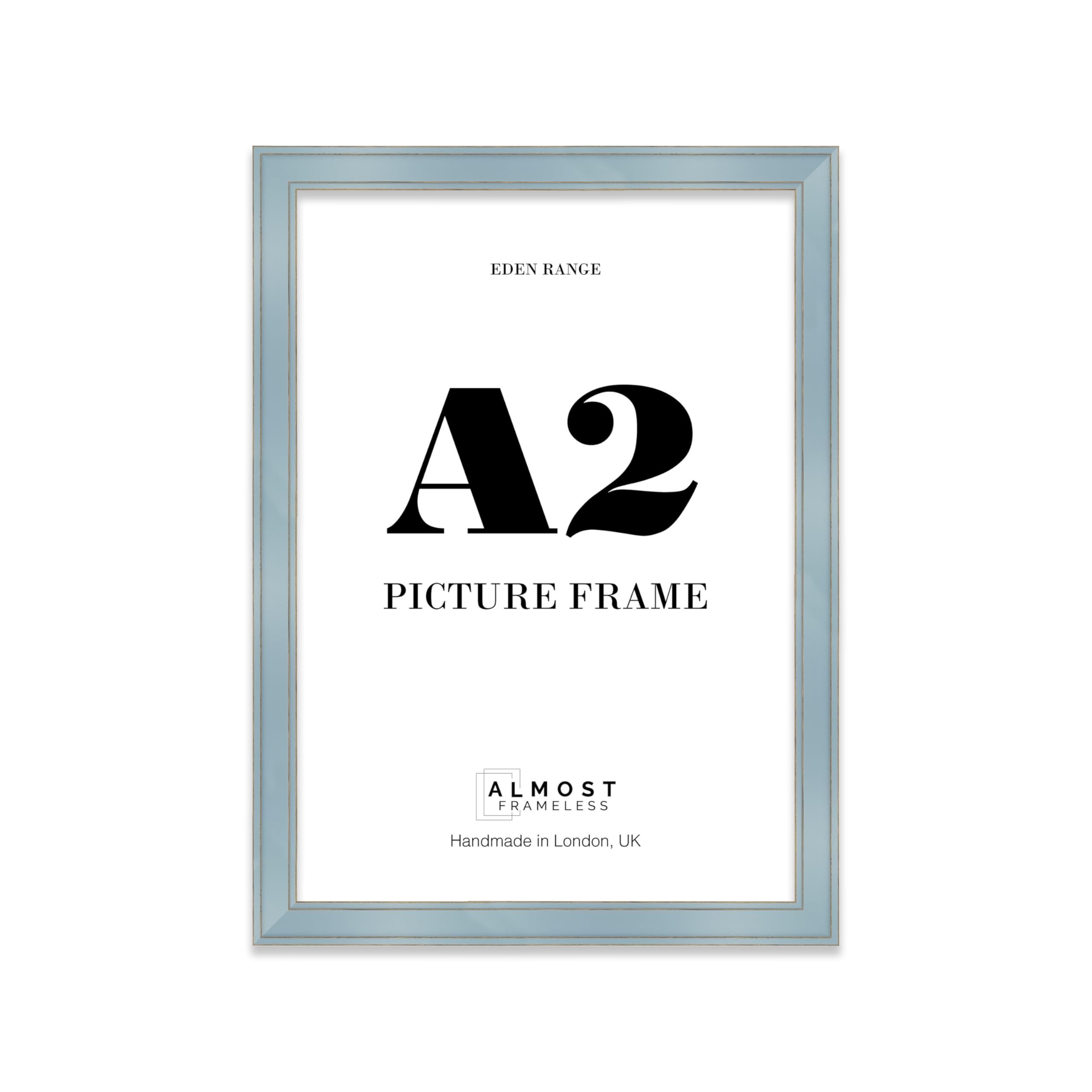 A2 Cornflower Blue Picture Frame - Shabby Chic Photo Frame with Distressed Finish, Gold Trim, Wall Hooks, 37mm Edge - 1 Pack