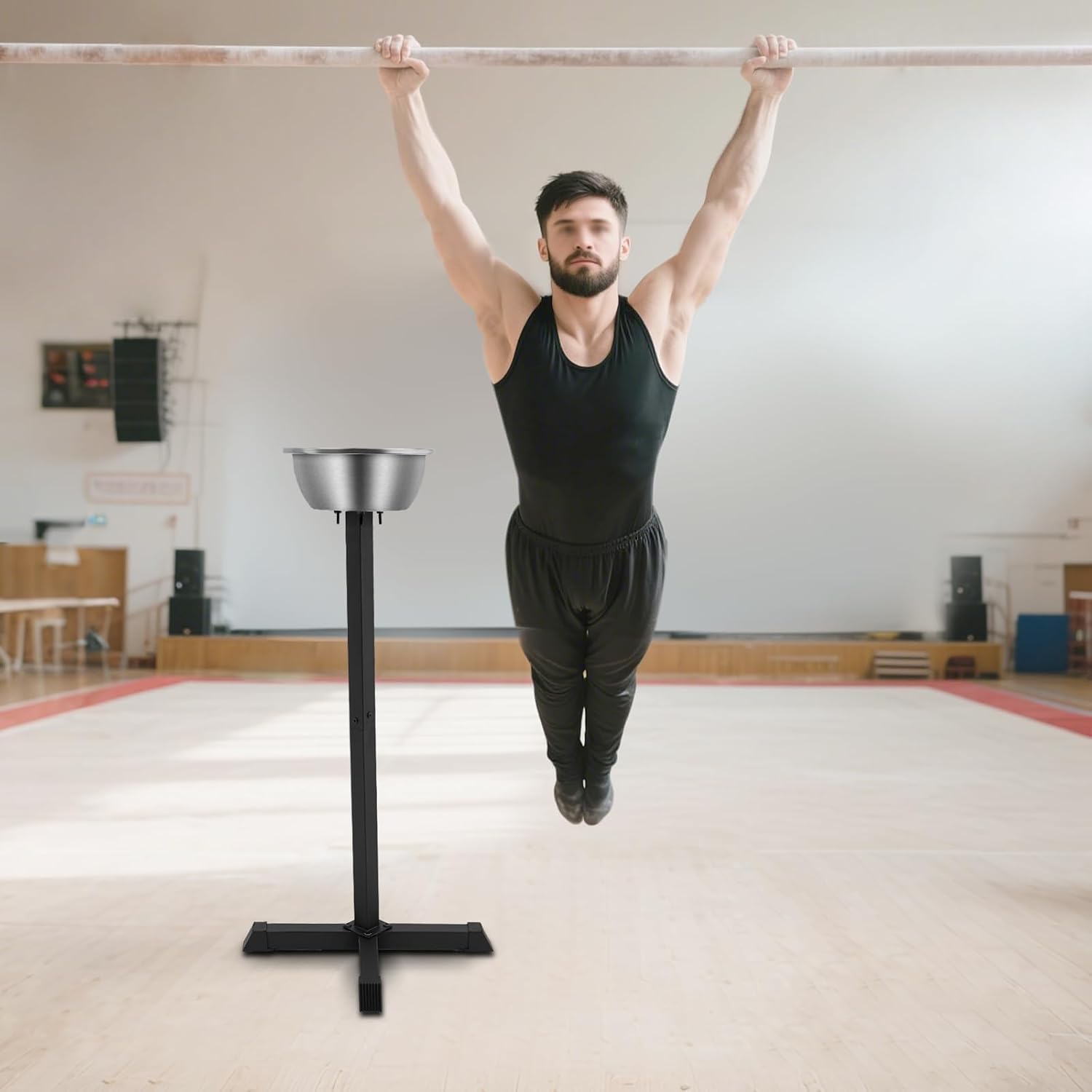 Portable Gym Chalk Stand, Freestanding Chalk Holder with Bowl, Floor Standing Gym Chalk Bowl for Weightlifting, Gymnastics, Climbing and Fitness Training, Black Silver