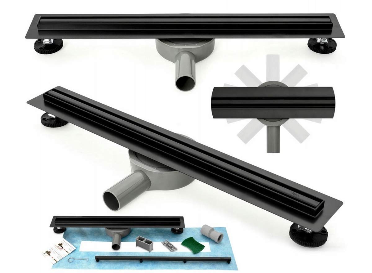 VBChome Canaleta de ducha de 70 cm, color negro, desagüe plano y estrecho, sifón autolimpiable con antiolor, juego completo de desagüe de ducha de acero inoxidable de 70 cm, altura ajustable,