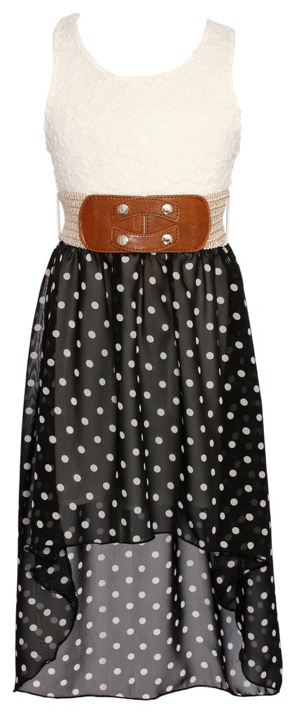 Wonder Girl Polka Dots Big Girls' Hi-Low Chiffon Dress Lace Top Woven Belt Set