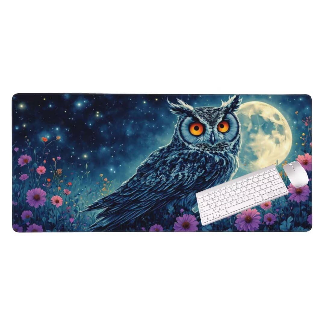 Alfombrilla de ratón 1400x600x3 MM, Alfombrilla Ratón XXL Extendida de Gran Tamaño con Bordes Cosidos, Base de Goma Antideslizante Almohadilla para Teclado, Búho de la Luna S-12389