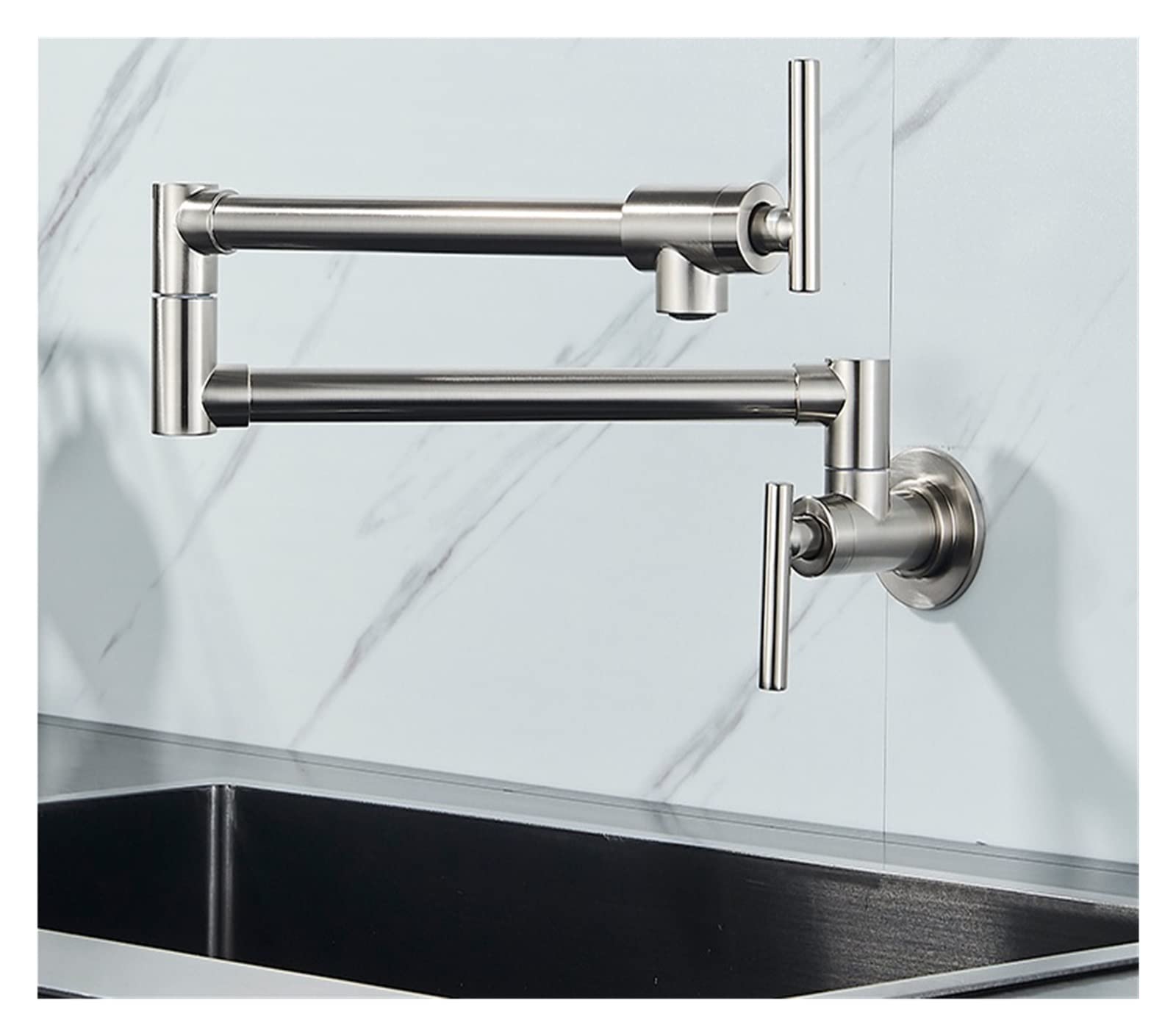 Rubinetto Fissato Al Muro, Pot Filler Doppio giunto Beccuccio Pieghevole Estensibile Braccio oscillante Parete Rubinetto da cucina in ottone Foro singolo Rubinetto for lavello da cucina a due maniglie