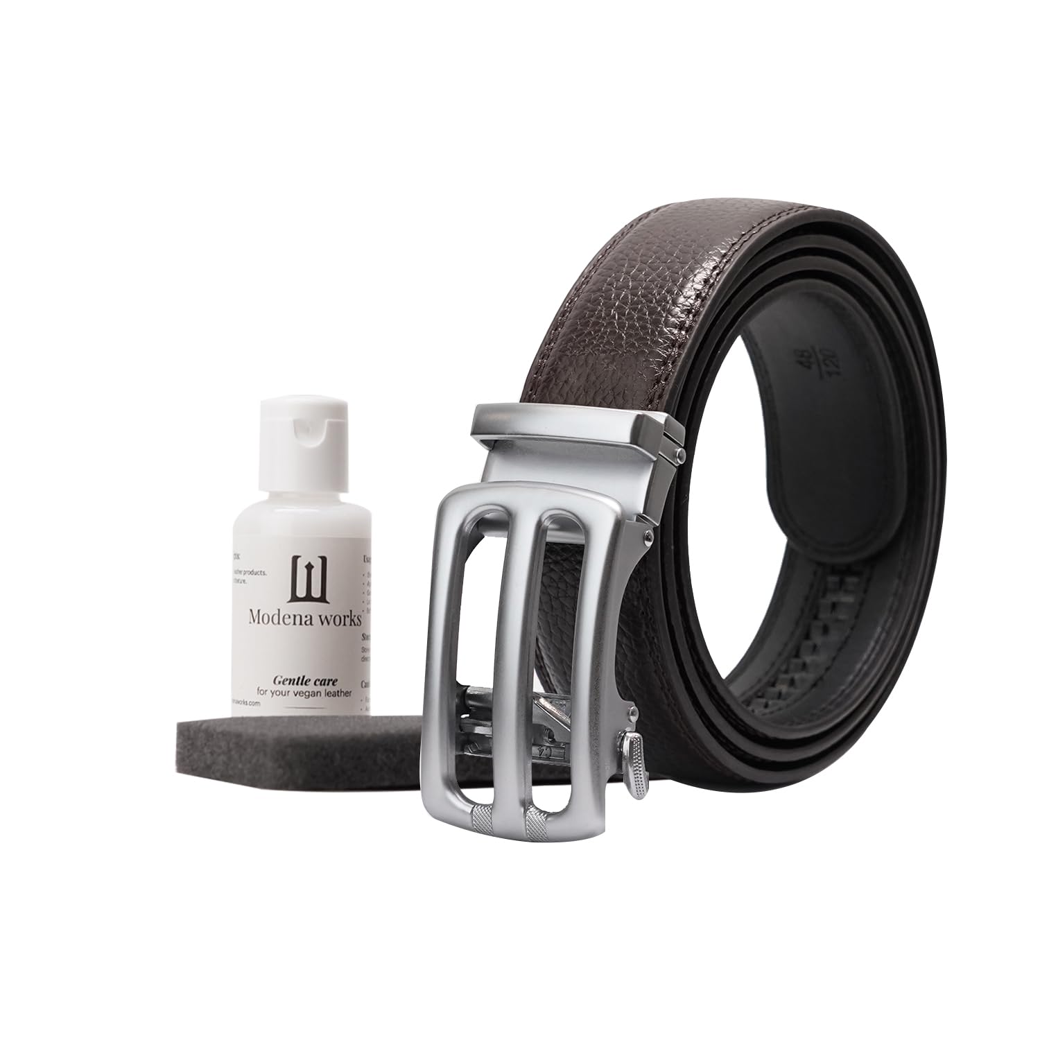 Men's Vegan Leather Belt | FREE Vegan Leather Revival Kit | Bravano - Brushed Silver (Brown)-image-21