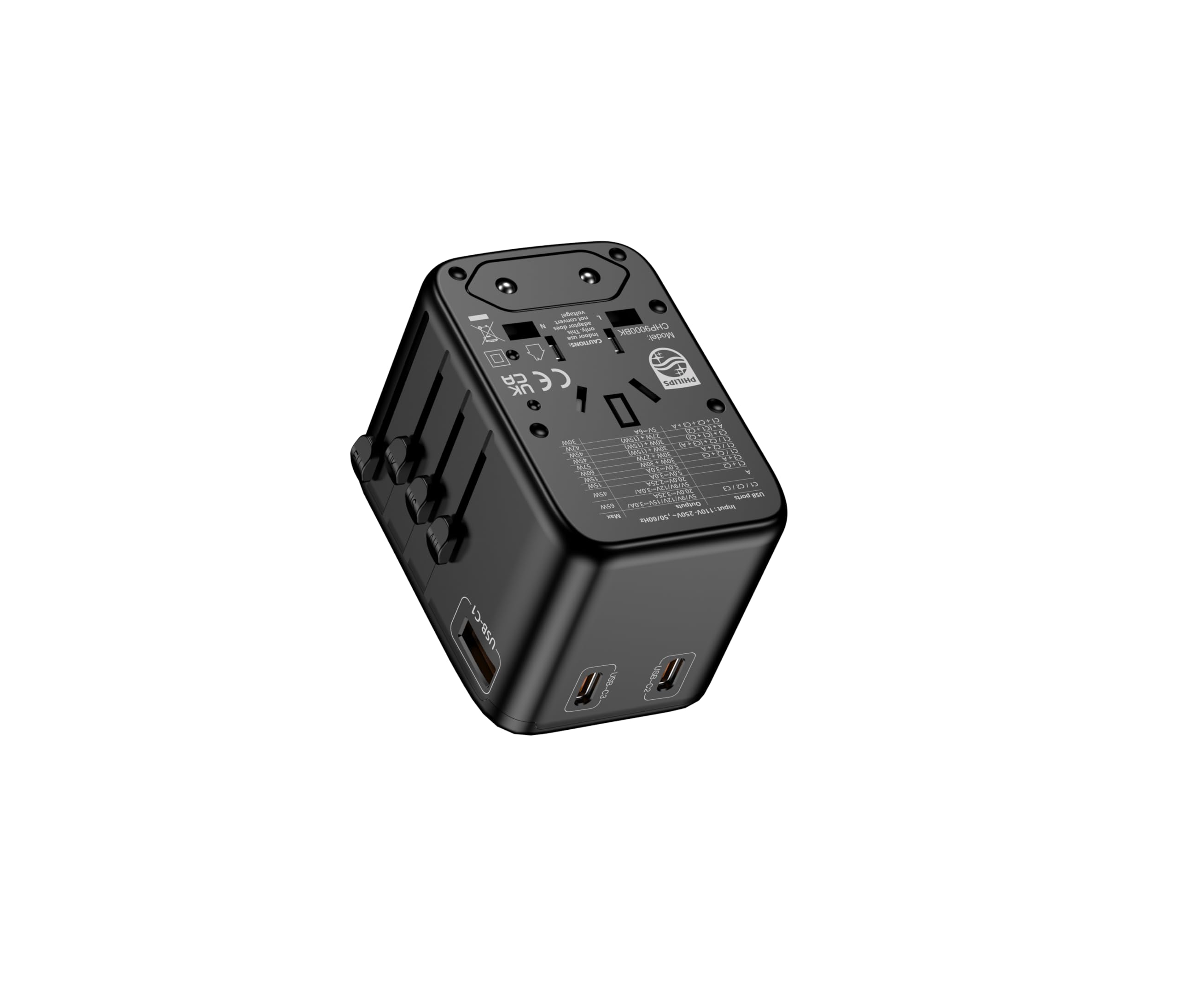 Philips CHP9000BK 65 W GaN międzynarodowa ładowarka podróżna, 3 porty USB-C i 1 USB-A, szybkie ładowanie PD/QC, uniwersalny adapter wtyczki (USA/UK/EU/AUS), czarna