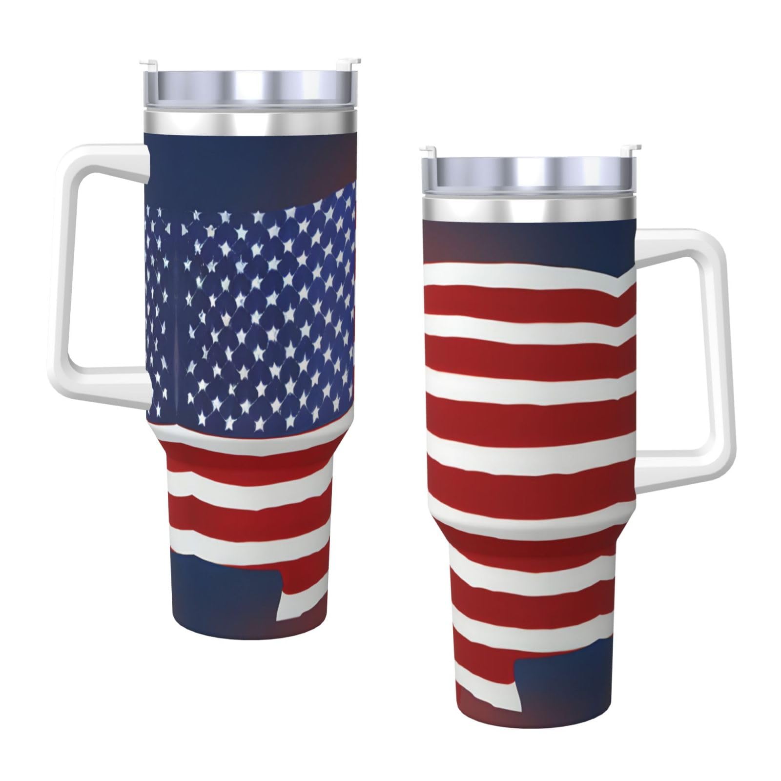 Trinkflasche mit amerikanischer Flagge, Baseball, Edelstahl, doppelwandig, isoliert, mit Griff und Strohhalm-Deckel, 1,2 l