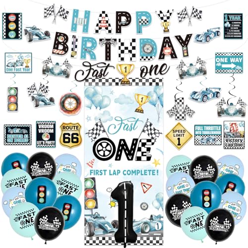 Mpanwen Fast One Birthday Decorations for Boys 143Pcs Race Car Racing 1st Party Decor for 1 Year Old Baby Boy - Backdrop Balloons Banner Hanging Swirls Wall Signs
