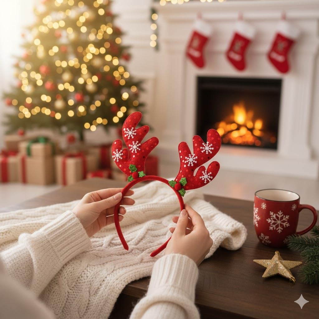 eCraftIndia Red Christmas Headband Glitter Reindeer Antlers Design Hair Band | Deer Horn Hairband for Party Birthday | Xmas Gift for Children Girls | Christmas Decorations Items