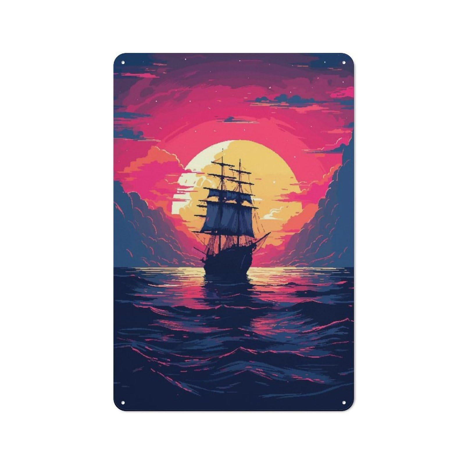 Junmoney Pirate Sunset Ship Pixel Shed Style Rustic Tin Sign 30X20cm Featuring Utility Space Decor For Conservatory, Home Bar Or Utility Room