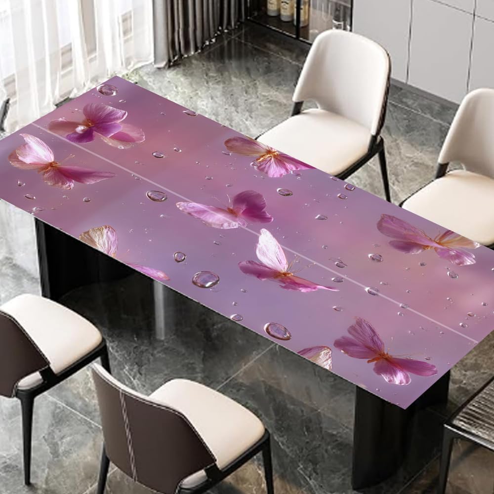 Pink Butterfly Desktop Sticker 39.37x23.62In, Floral Butterfly Water Drop Desk Decal, Easy Clean Table Surface Sticker, Dreamy Feminine Home Decor