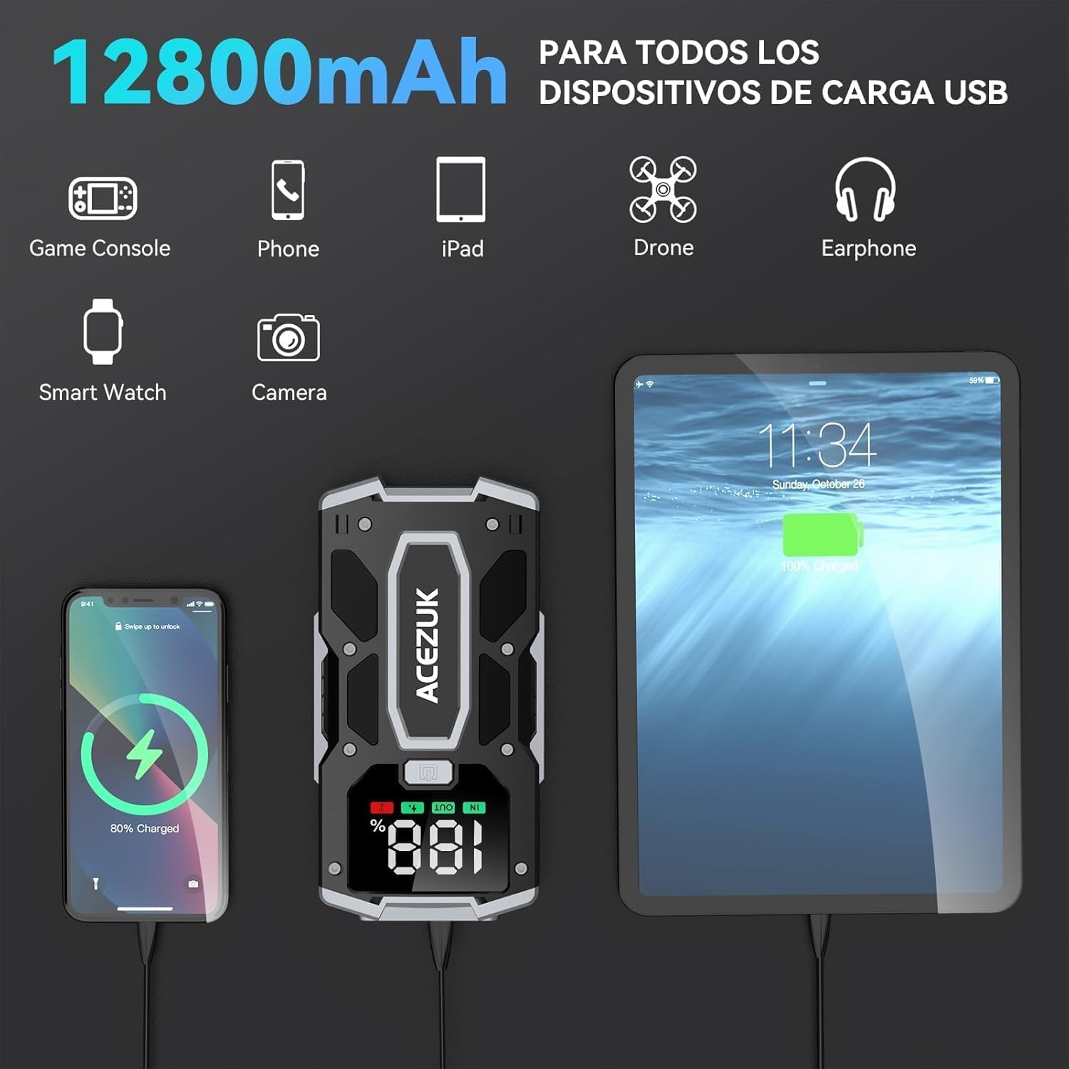 ACEZUK Arrancador de Coches 7000A, 12V Arrancador de Baterias de Coches (para 5.5L Disésel o 7.0L Gas), Jump Starter con 2.5 Inch Pantalla LCD, Clips de Seguridad Inteligentes, Luz LED