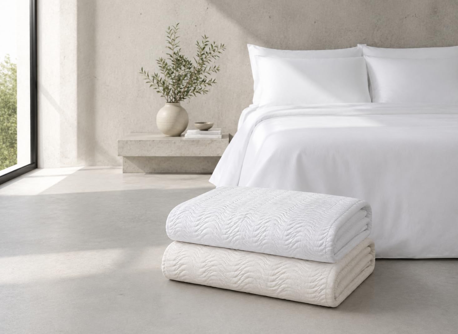 Estoralis Ondas | Colcha Verano de Diseño Moderno | Tejido Jaquard Alta Resistencia | Blanco | para Cama 180 cm. (270 x 270 cm. AnchoxAlto) | Cubre Cama para Todas Las Estaciones