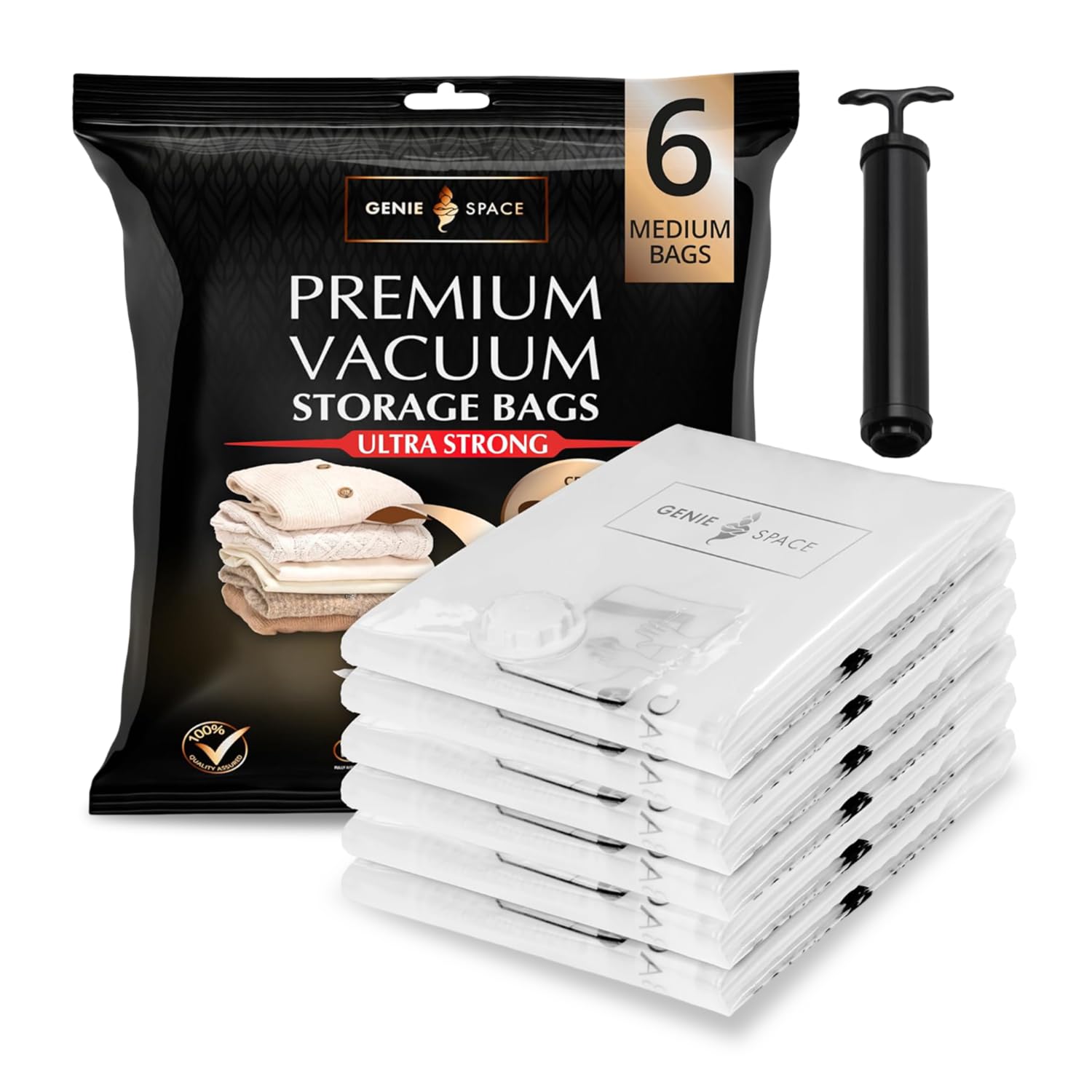 Genie Space 6 Pack Premium Vacuum Storage Bags For Clothes, Bedding And Travel, Medium Size 70X50cm, Airtight, Reusable And Odour-Proof Space Saver Bags With Double Seal, With Travel Pump