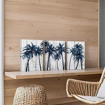 RnnJoile Palm Tree Wall Art Navy Blue Tropical Tree Painting on Canvas Blue Pictures for Bathroom Bedroom Wall Decor 12x16 for Each Framed