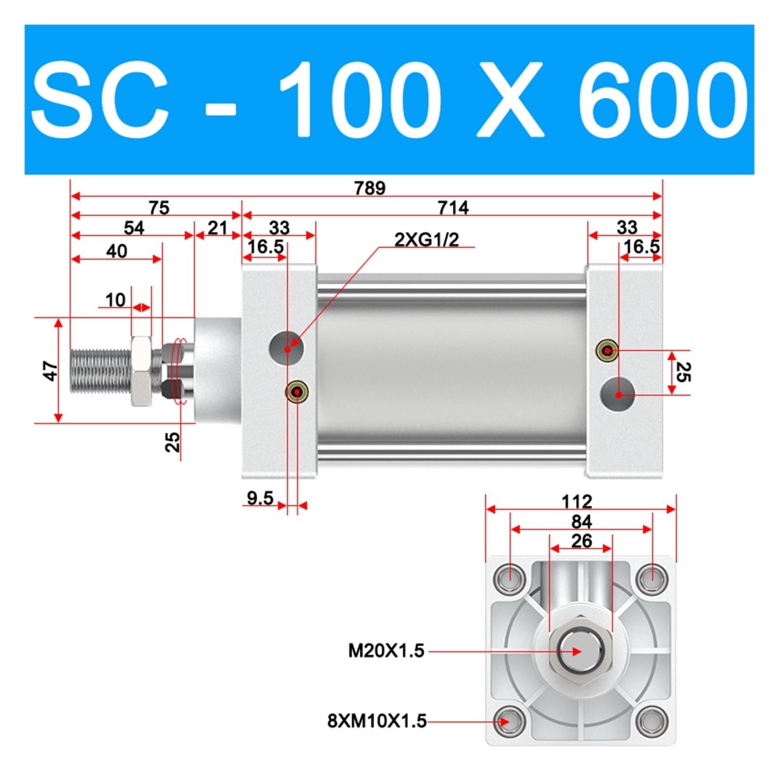 DEBLAN Cilindro estándar de Alto Empuje de Carrer Larga neumático SC100 * 600 Carrer 600 mm de Empuje 314 KG Actuadores neumáticos for automatización Industrial Movimiento Lineal