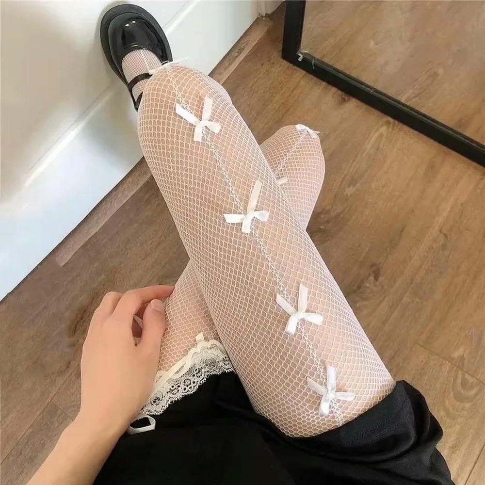 MEIFULLE Sexy Hollow Out Transparent Slim Fishnet Pantyhose Women Bow Black White Tights Gothic Lolita JK Cute Bowknot Mesh Stockings