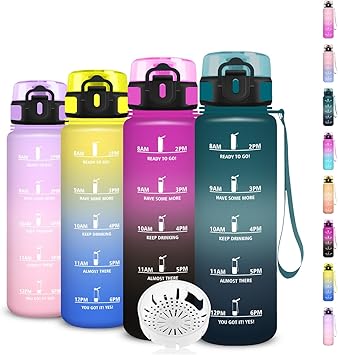 Botella Agua 500ml, Botella Agua Niños con Filtro, a Prueba de Fugas, Cantimplora Infantil, Fácil de Limpiar, Cantimplora con Marca de Tiempo, para la Escuela, Oficina, Acampar, Gym, Adulto, Running