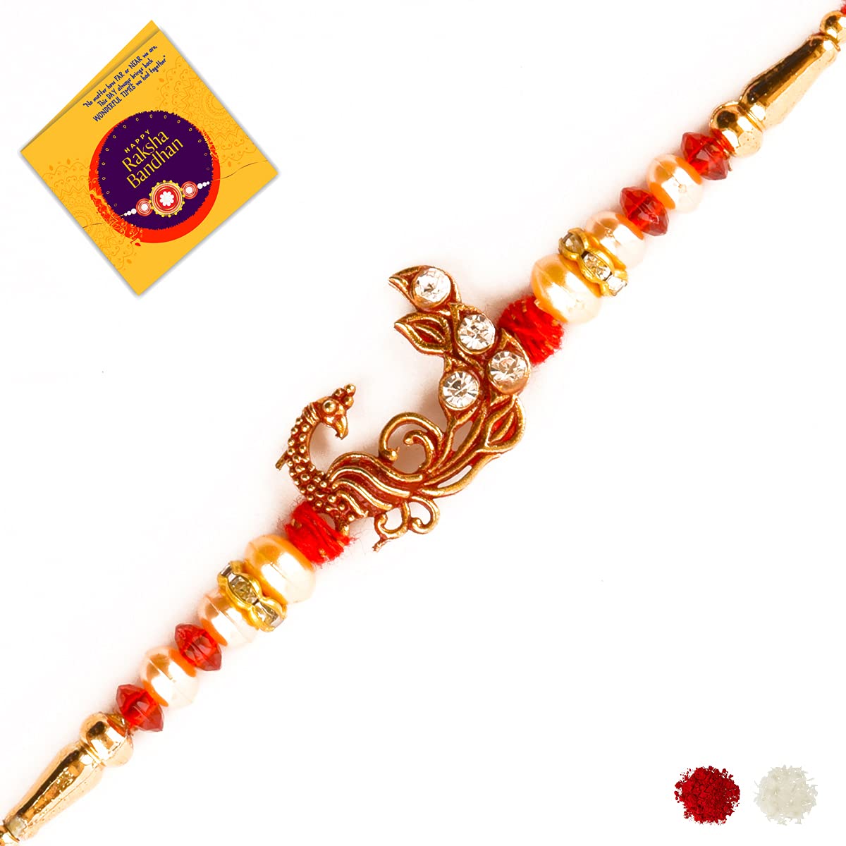 Traditionally Meenakari designed Vibrant Colour Peacock and Feather Rakhi For Beloved Brother and Bhabhi, Handmade Rakhi Pack For Bhaiya With Greeting Card & Tilak Material