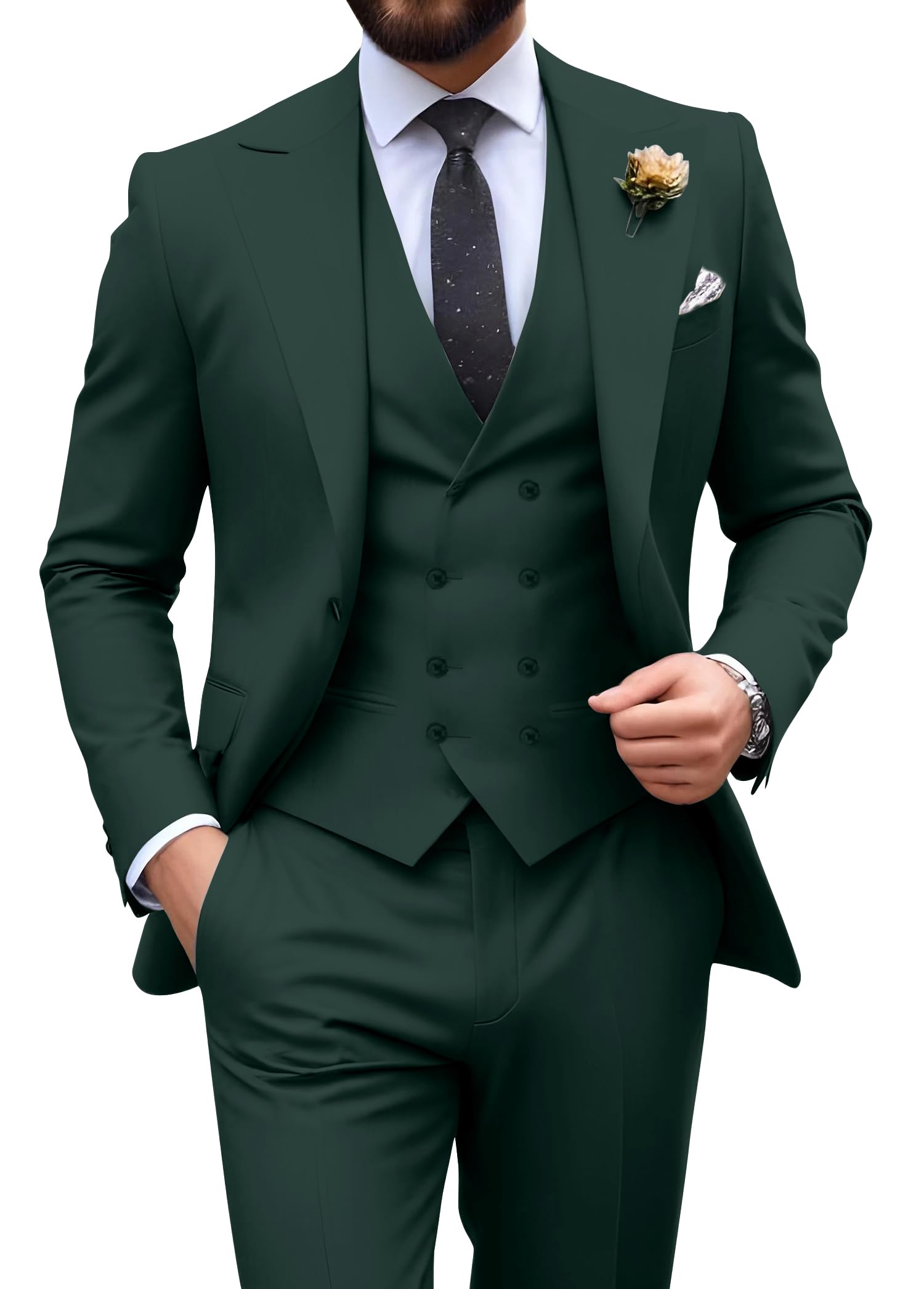 Mens Suit Slim Fit 3 Piece Double Breasted Suit Men Formal Tuxedo Set Casual Wedding Prom Groom Suits, Dark Green, M