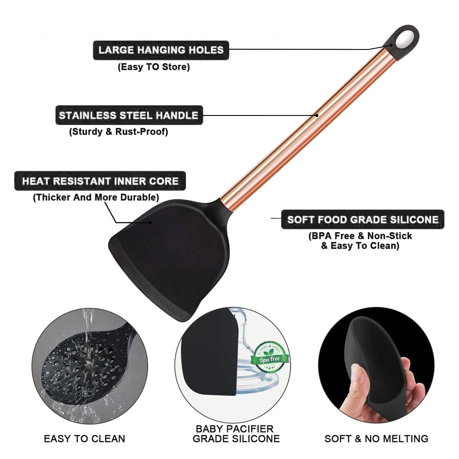 Set di utensili da cucina, 10 pezzi, in silicone, manico placcato in rame, antiaderenti, resistenti al calore, con supporto (oro rosa)