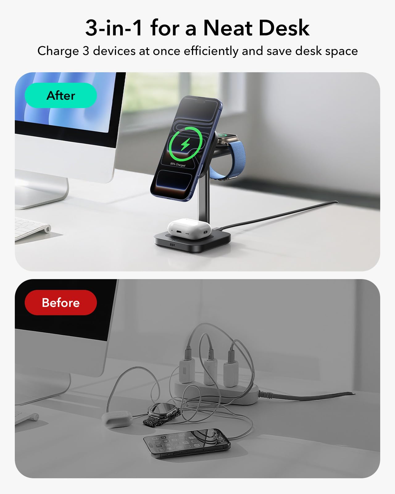 ESR Stacja ładująca 3 w 1 Apple Watch i iPhone, Qi2.2, indukcyjna stacja ładująca 25 W z CryoBoost, Magsafe Wireless Charger do iPhone 17/16/15/14/13/12, Apple Watch, AirPods, adapter 65 W, czarna