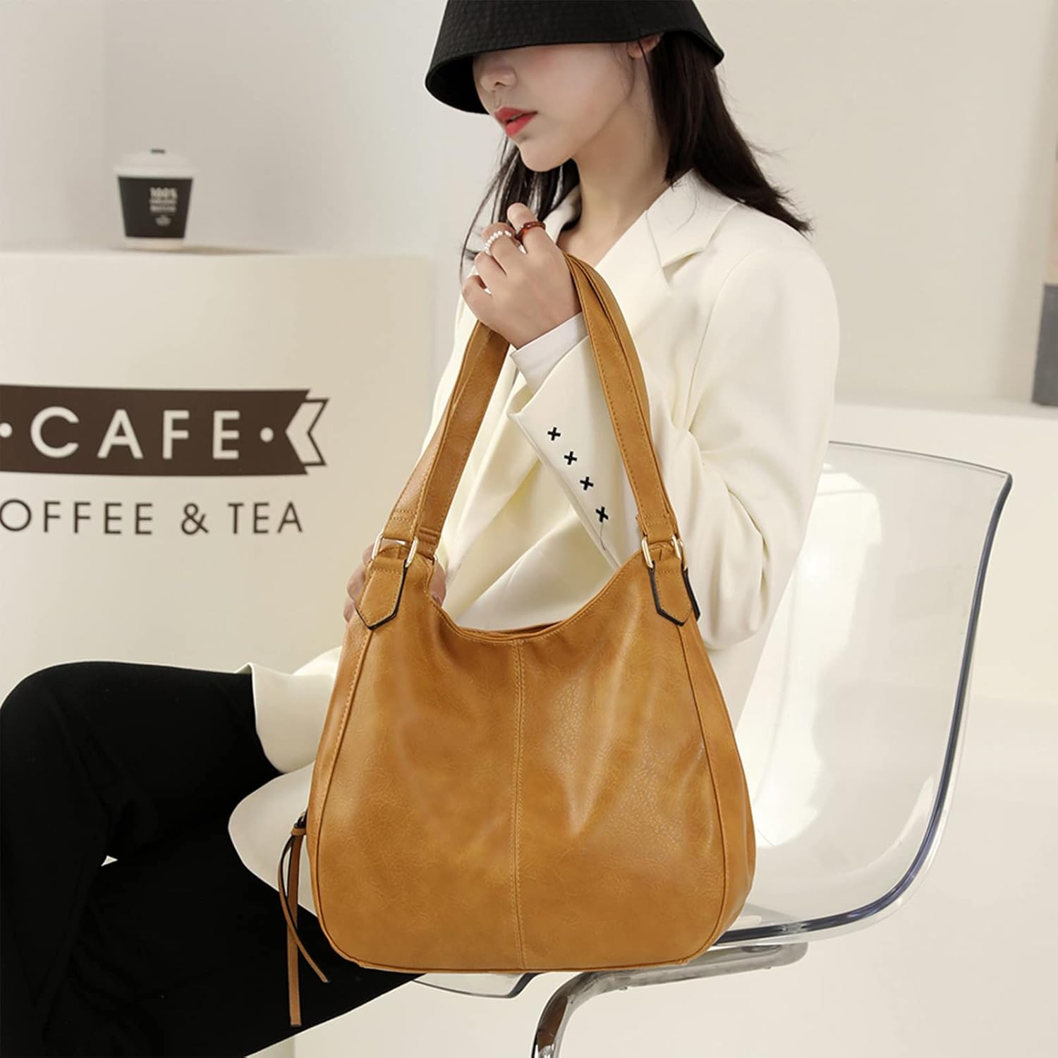 DOURR Women's Multi-pocket Shoulder Bag Fashion Vegan Leather Handbag Tote Purse