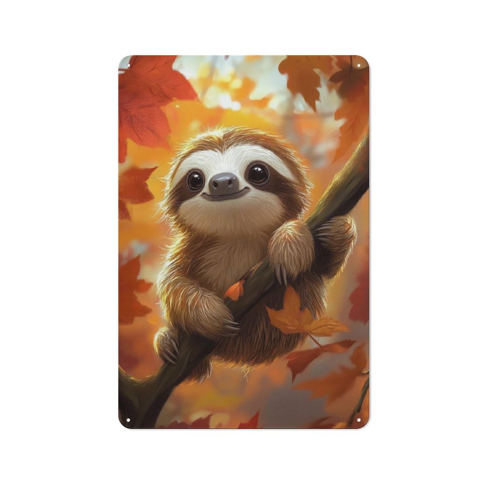 Retro Cute Sloth in Autumn Metal Wall Plaque 30x20cm, Nostalgic Wall Art for Living Room, Hallway, Kitchen Or Cafe