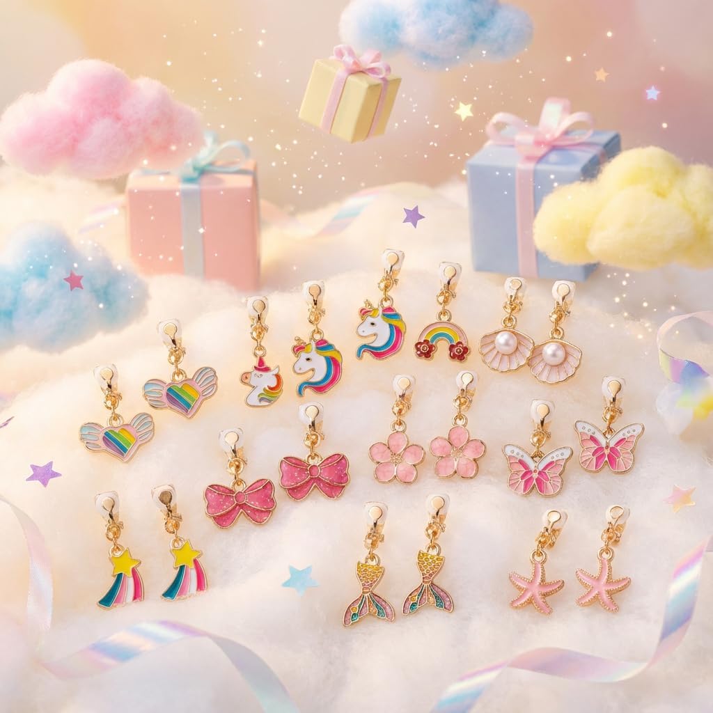 12 Pairs Kids Clip-on Earrings - Cute Unicorn Designs, Non-Pierced Dress Up Alloy Jewelry for 4-12 Year Old Girls Birthday Christmas Valentine's Day Holiday Gifts,Party favors Kids Toys - Image 7