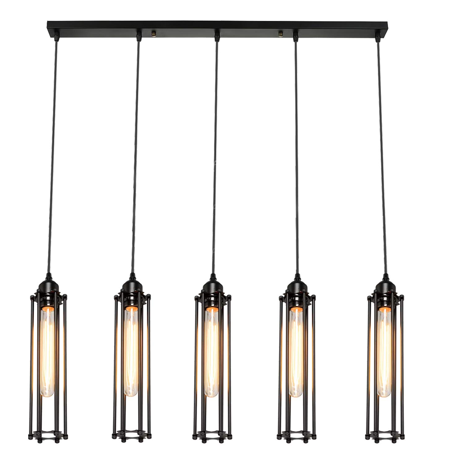 LEDSone Vintage Retro 5 Head Ceiling Pendant Lamp Hanging Light Fitting Black Long Wire Cage Lampshades for Pub Restaurants BAR