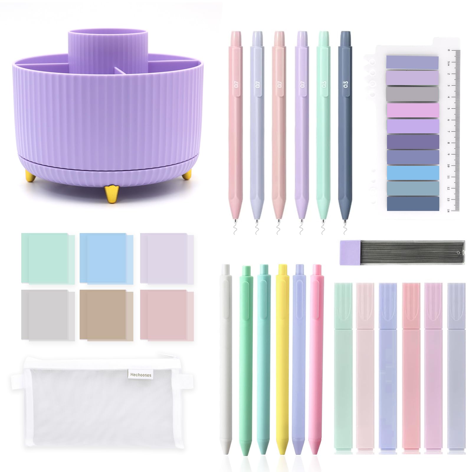 UPSIME 28Pcs Aesthetic School Supplies with 360°Degree Rotating Pencil Holder,6 Highlighter Pen, 6 Ballpoint Pens, 6 Mechanical Pencil, 6 Sticky Notes, Index Tab,Pencil Case For Office School Home