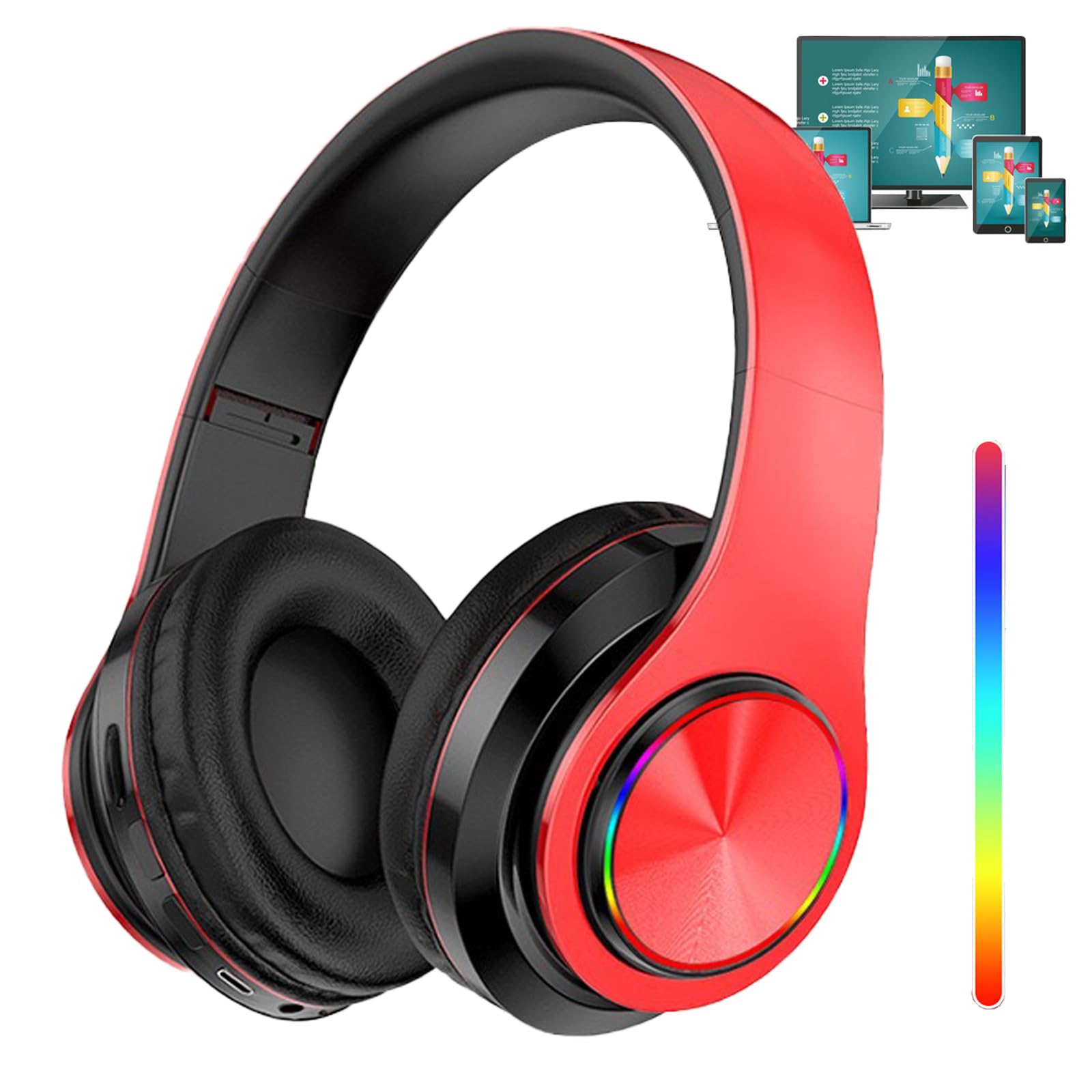 HBYCDSTF Bluetooth Headphones with LED Lights, Foldable Wireless Bluetooth Headphones Over Ear, Wired HiFi Stereo, Build in Mic, Suitable for PC/