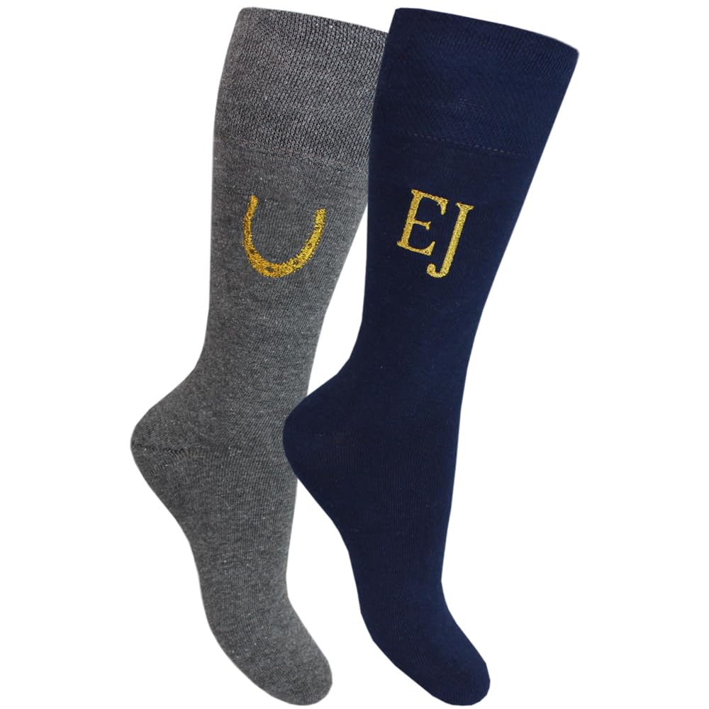 Teddyt's Men's Navy & Grey Personalised Initials & Lucky Horse Shoe Socks Gift Set (2 Pair Pack) (As8, Numeric, Numeric_6, Numeric_11, Regular, Regular, )