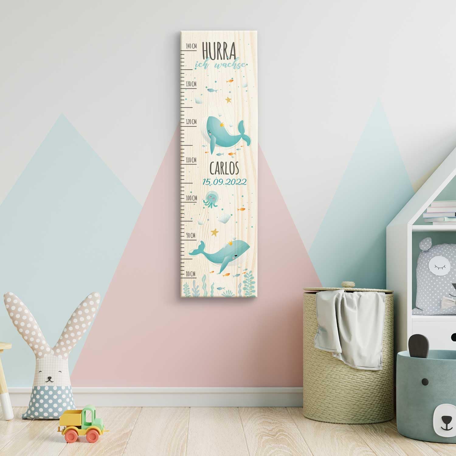 GRAVURZEILE Messlatte für Kinder aus Holz - Wal Design - mit Namen & Datum für Kinderzimmer - Skala misst 80-140 cm - Größe 20 x 70 x 2 cm - Geschenk zur Geburt für Mädchen & Jungen