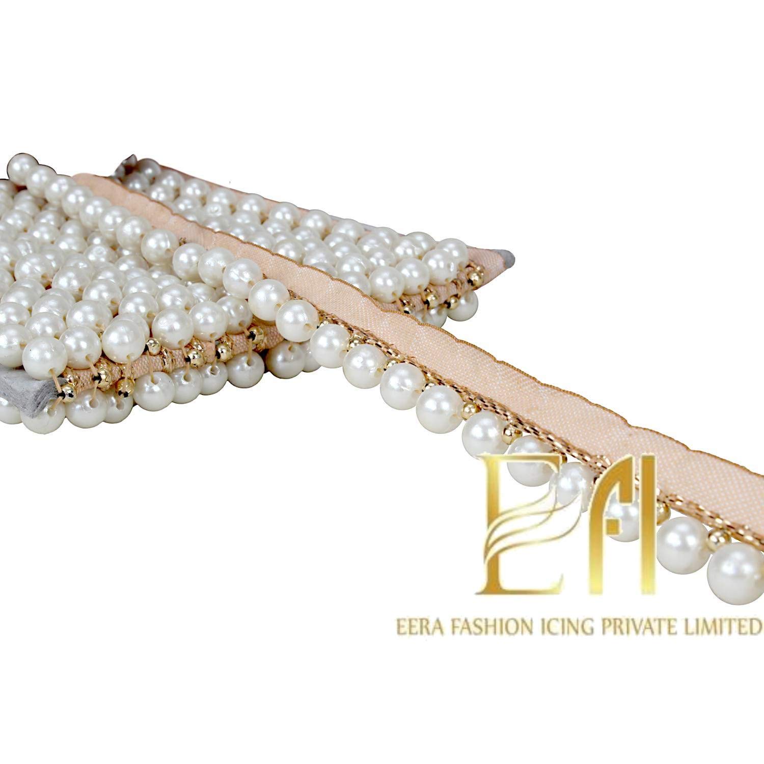 9.5 mtr Stylish Multi Pearl Laces for Dresses, Craft and Home Decoration (Gold and White)