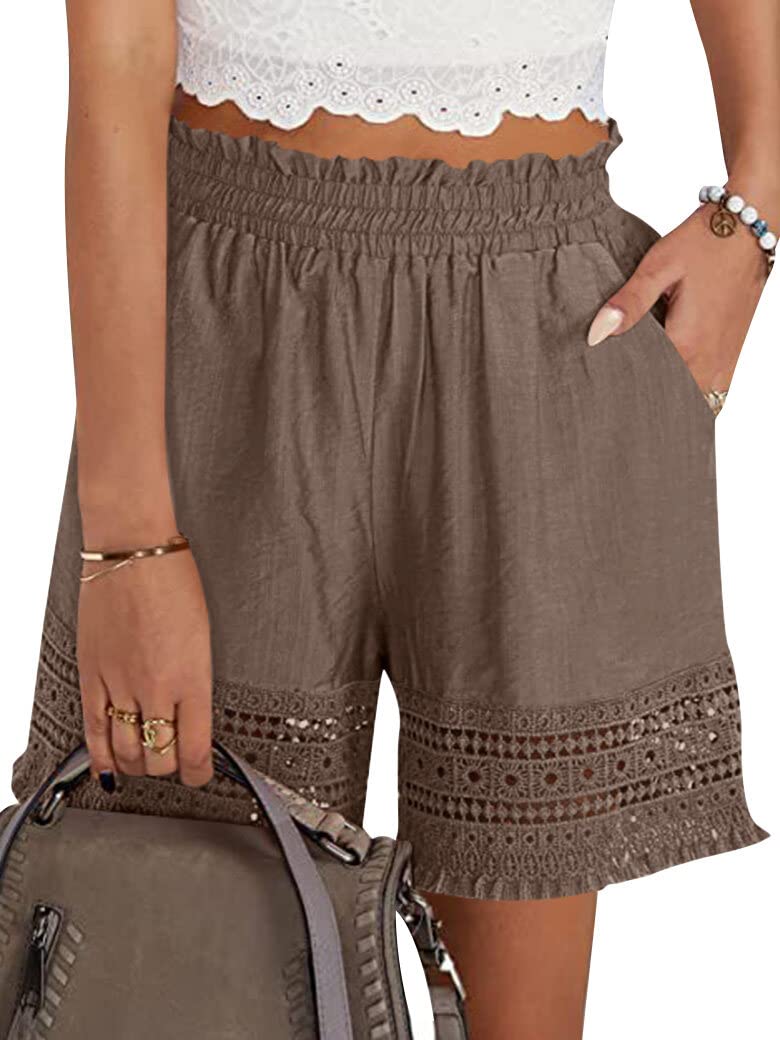 Women's Casual Elastic Waist Lounge Shorts Comfy Stretch Lace Trim Summer Beach Linen Ruffle Shorts