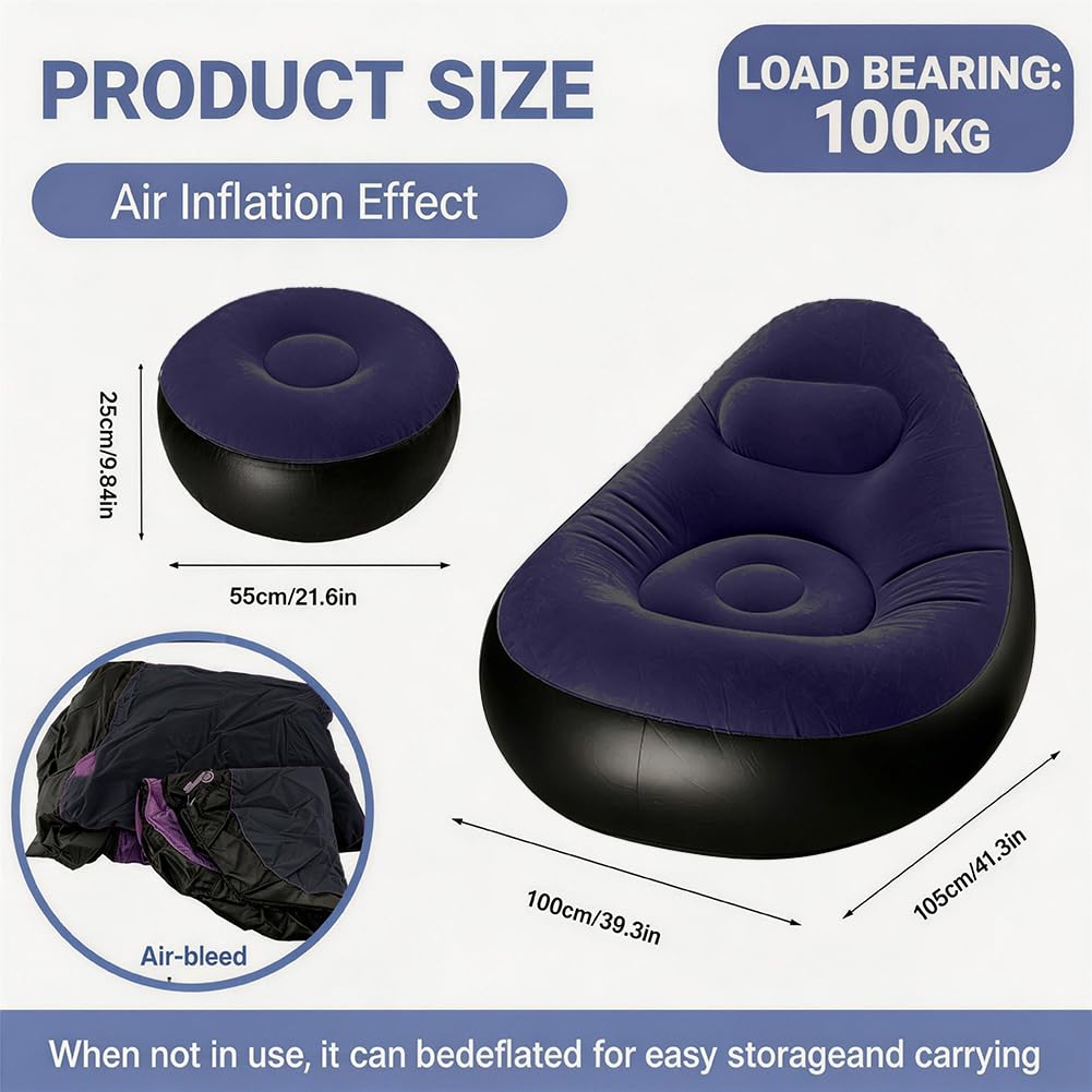 Divano gonfiabile con poggiapiedi, pouf gonfiabile, sedia gonfiabile, divano gonfiabile, poltrona gonfiabile per soggiorno, camera da letto, giardino (blu scuro)