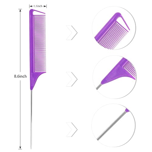 Miniatura 5 de Peine de cola de rata, peine de separación, juego de peines de metal largos de acero para estilistas, peines para cabello para mujeres (4 paquetes,