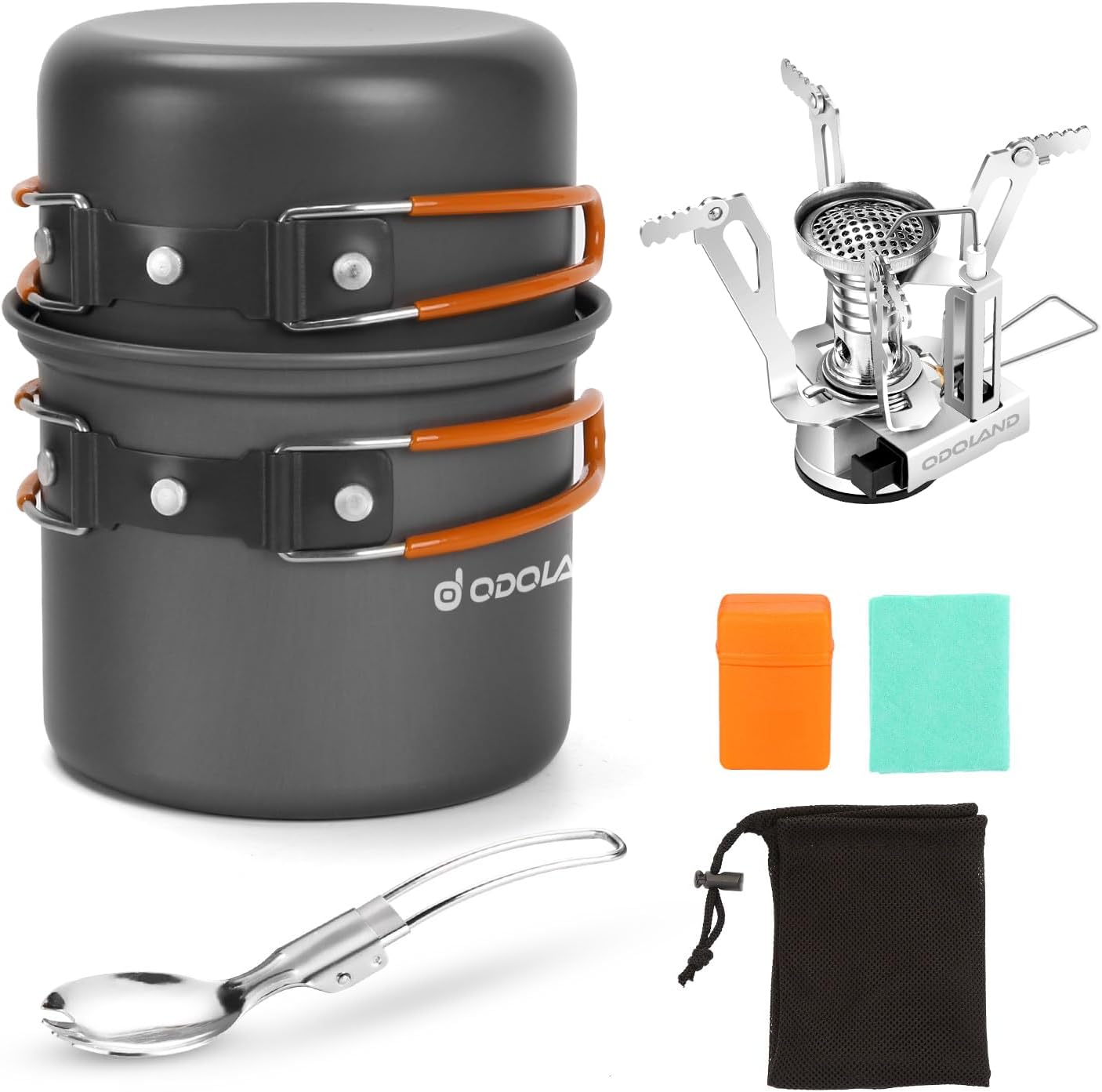 Odoland Camping Cookware Mess Kit, Lightweight Pot Stove Spork Set | Protable 6pcs Backpacking Gear with Carry Mesh Bag for Outdoor Camping Cooking Hiking and Picnic