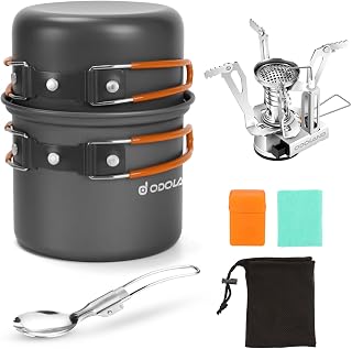 Odoland 6PCS Camping Mess Kit: Lightweight Non-Stick Pots, Foldable Stove, Spork & Mesh Bag for Backpacking, Hiking, Picnics