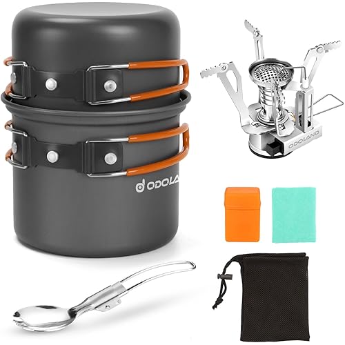 Odoland 6pcs Camping Cookware Mess Kit with Lightweight Pot, Stove, Spork and Carry Mesh Bag, Great for Backpacking Outdoor Camping Hiking and Picnic
