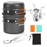 6pcs Camping Cookware Mess Kit with Lightweight Pot, Stove, Spork and Carry Mesh Bag, Great for Backpacking Outdoor Camping Hiking and Picnic