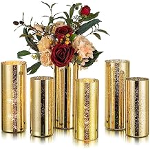 Glasseam Gold Cylinder Vases for Centerpieces 6 Modern Mercury Hurricane Glass Vase Set for Flowers - Decorative Golden Pillar Candle Holders for Wedding Party Dining Room Table Decor