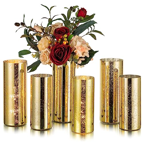 Glasseam Mercury Gold Candle Holders, Set of 6 Glass Hurricane Candle Holder, Glitter Pillar Candle Holder for Table, Modern Cylinder Vases for Centerpieces Wedding Dining Christmas Decorations by Glasseam - Image 9